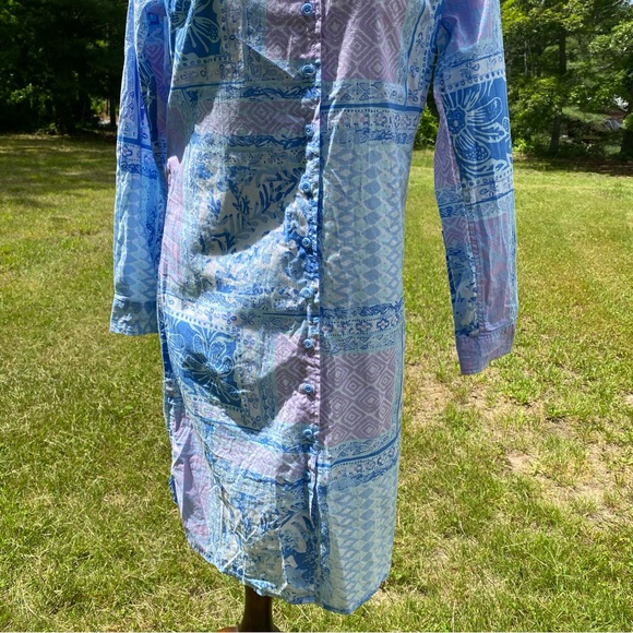 THREE ISLANDS DRESS SHIFT BUTTON FRONT LONG SLEEVE BLUE WHITE PURPLE SIZE XS - Picture 3 of 10